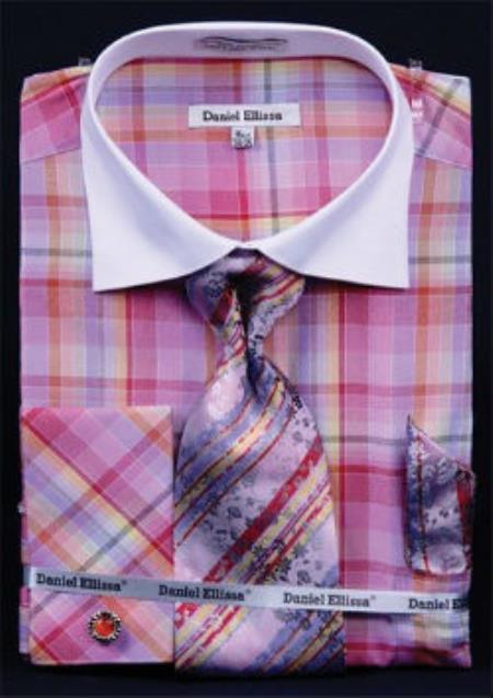 Daniel Ellissa Windowpane Plaid Pattern French Cuff Red White Collar Two Toned Contrast Men's Dress Shirt - Large 16.5" Neck / 34-35" Sleeve