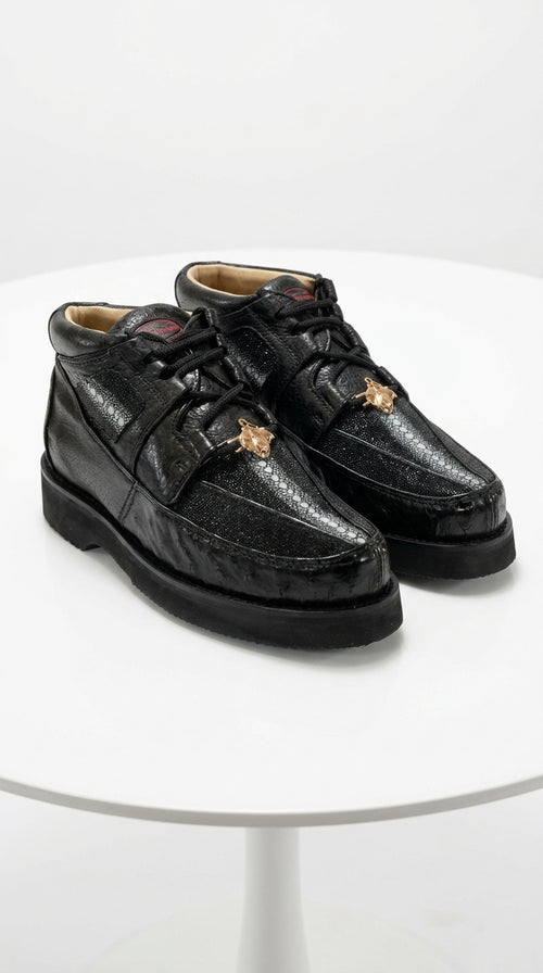 Los Altos Men’s Black Stingray and Ostrich Skin Casual Shoes, Exotic Lace Up Ankle Dress Shoes