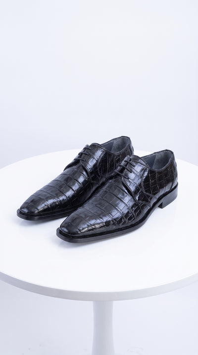 Men’s Original Exotic Caiman Belly Skin Shoes ZV088205, Black Lace-Up Formal Dress Shoes