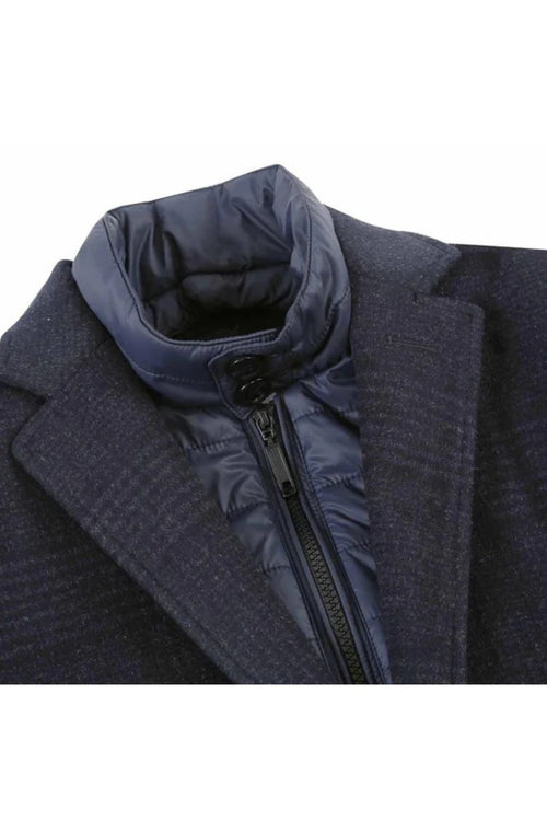 Blue Tone-on-tone Glen Plaid Slim Fit Wool Blend Short Coat with Detachable Full Zipper