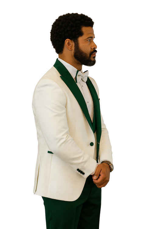 Hilton White and Hunter Green Paisley Peak Lapel Tuxedo Jacket with Matching Shawl Vest and Wool Pants Includes Bow Tie