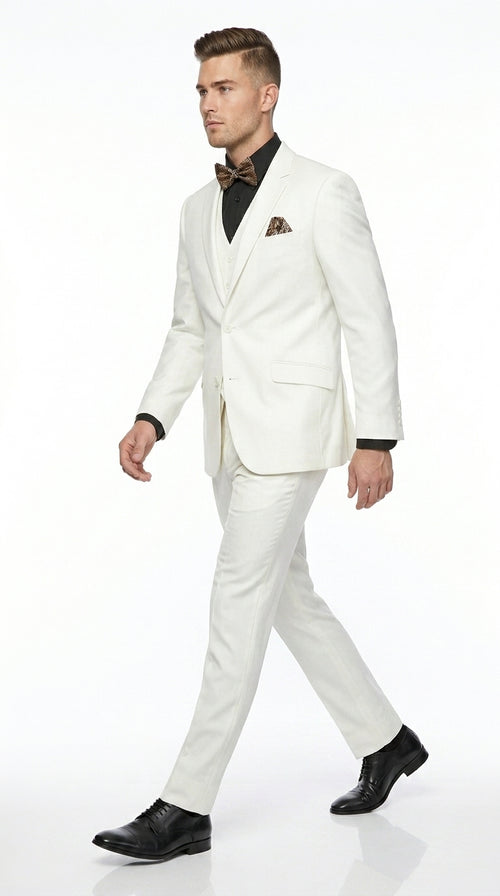 Men’s Off White 100% Wool Vested Suit, Solid Formal Wedding Prom 3 Piece Suit Set