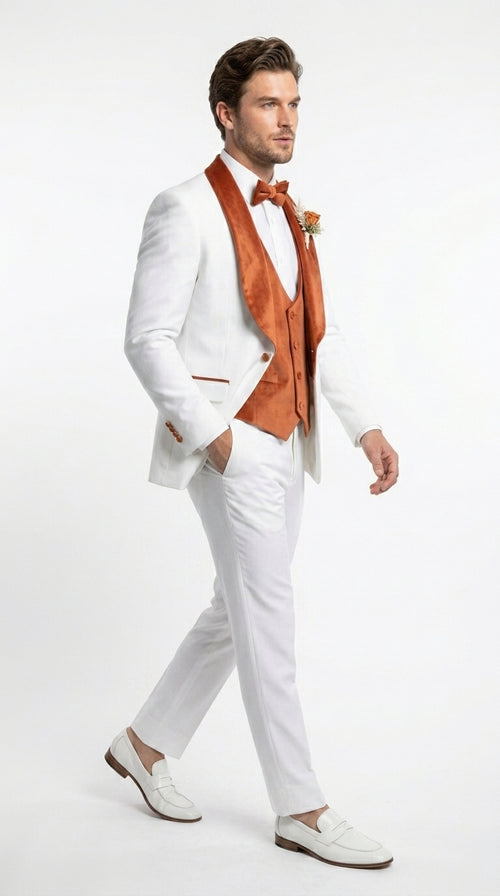 Men’s Cream Wedding Suit with Orange Contrast Shawl Lapel, Vested Groom Formal Suit Set