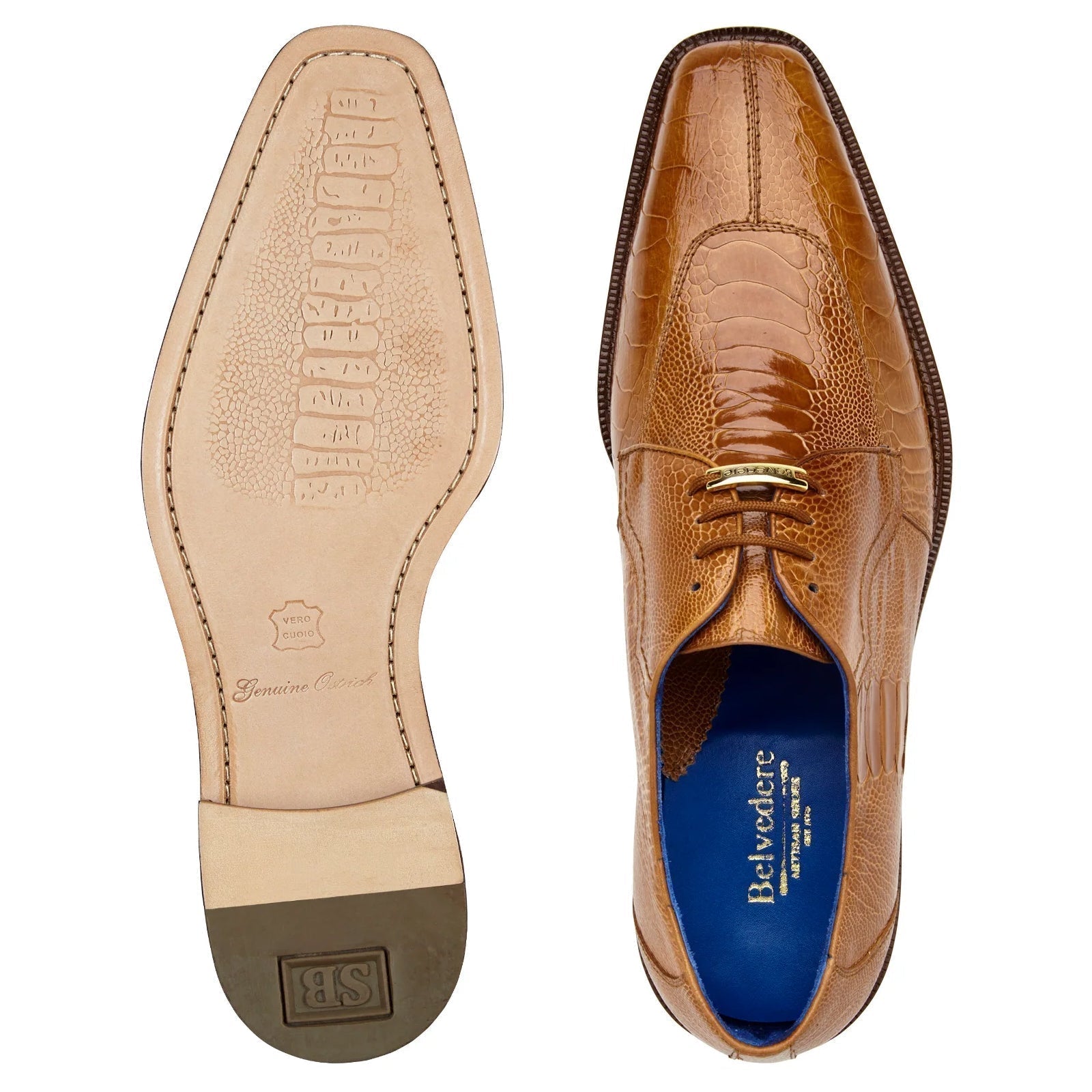 Men's Belvedere Siena Ostrich Leg Moc Toe Dress Shoe in Burned Amber - 9-M