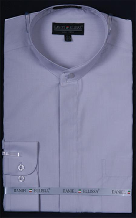 Banded Collarless Silver Men's Dress Shirt