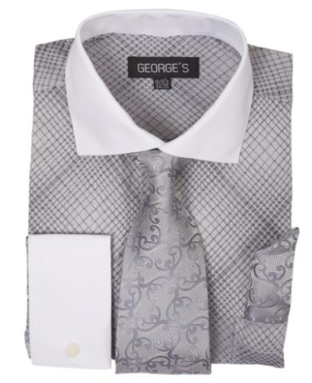 Silver Long Sleeve White Collar Two Toned Contrast Check Pattern Fashion Tie Set Men's Dress Shirt - 19 Neck 34-35 Sleeve