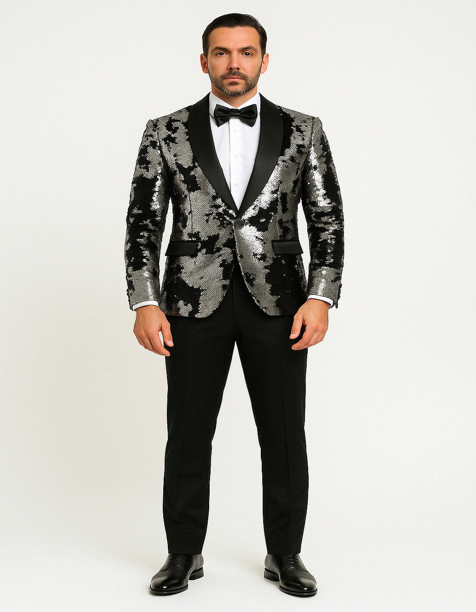 Men's Black and Silver Gray Sequin Tuxedo Blazer With Black Pants - 34 Short or Extra Small