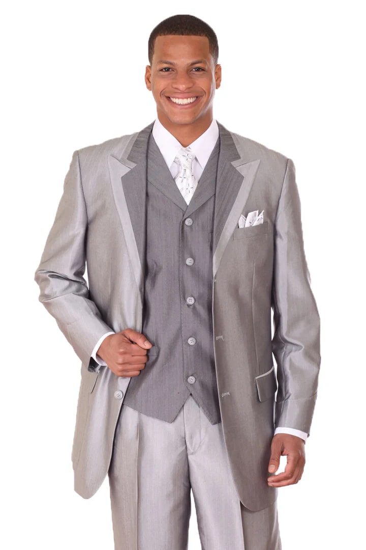 Cheap priced Suit- Mens 3 Button Vested Wide Peak Lapel Two Tone Sharkskin Silver Suit