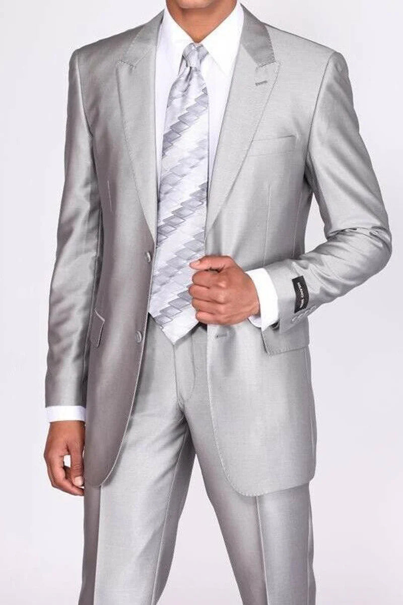 Mens 2 Button Peak Lapel Shiny Sharkskin Suit in Silver