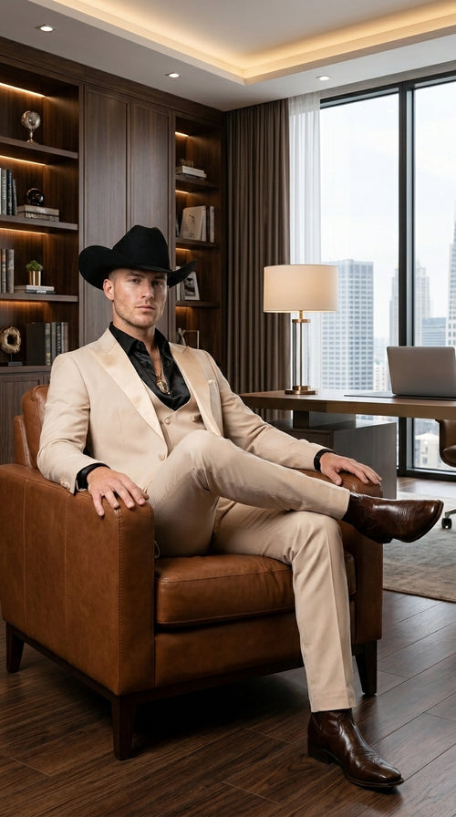 Mens Light Beige Western 3-Piece Suit – Cowboy Tuxedo with Shawl Lapel