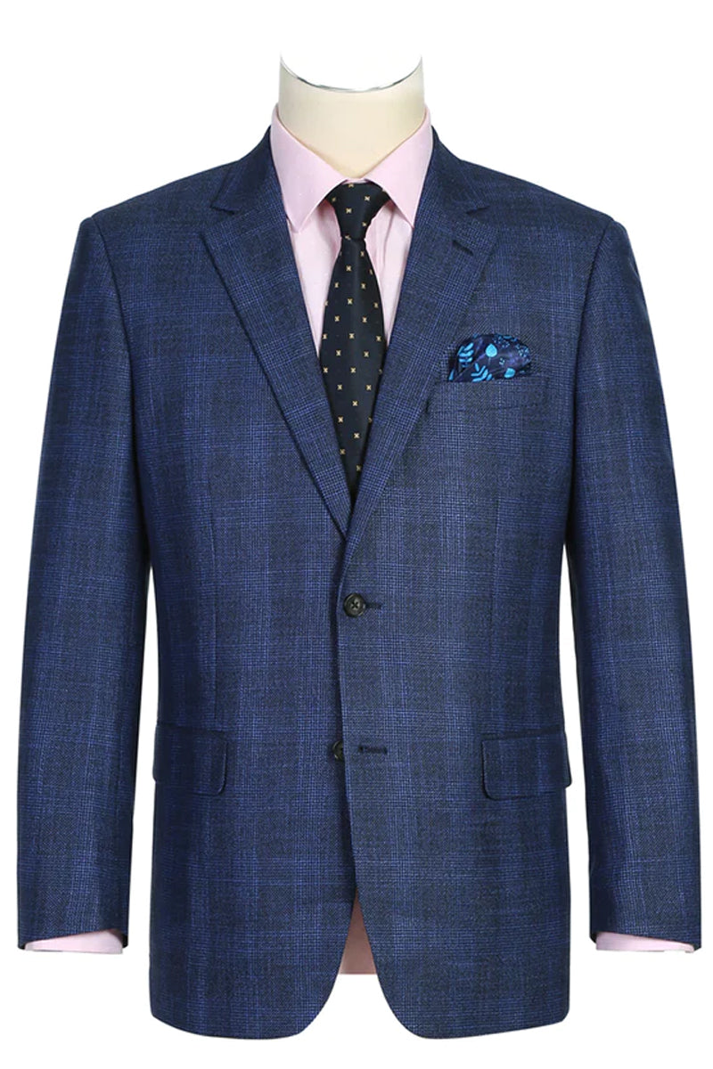 "Classic Fit Men's Blazer - Navy Blue Windowpane Plaid, Two Button Sport Coat" - 34 Short