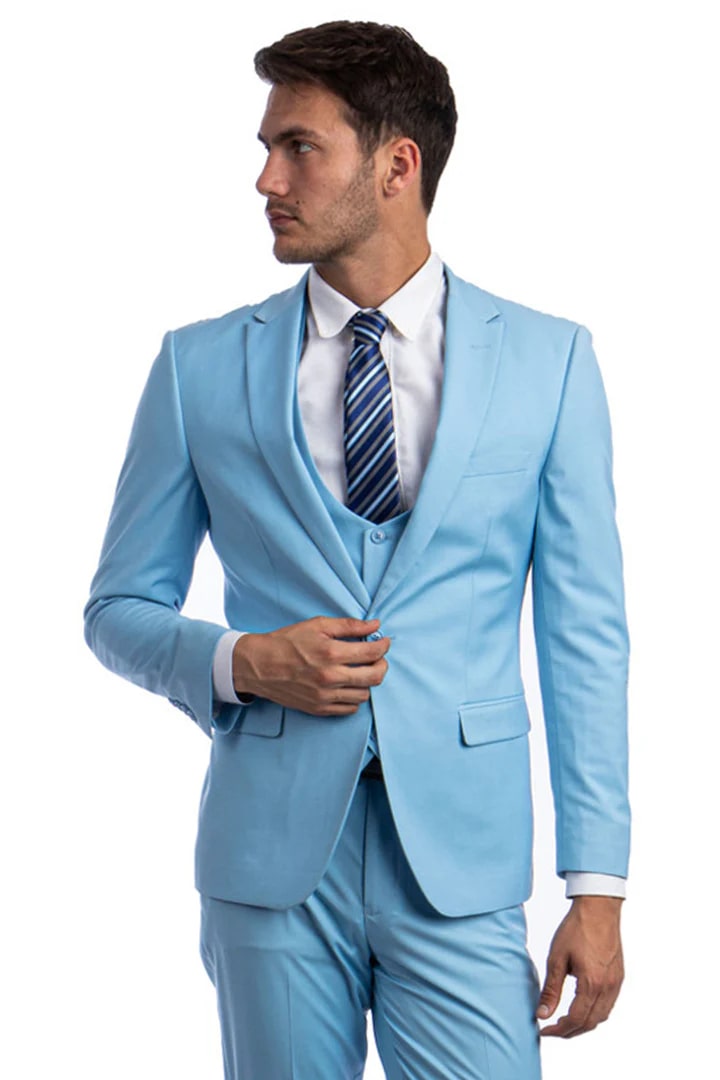 Cheap priced Suit  - Men's One Button Peak Lapel Skinny Wedding & Prom 2025 Sky Blue Suit With Lowcut Vest - 38 Short Jacket+32 Waist Adjustable 28to34)(Height: 5 4 to5 7 )(Neck  15-16.5)S-M)
