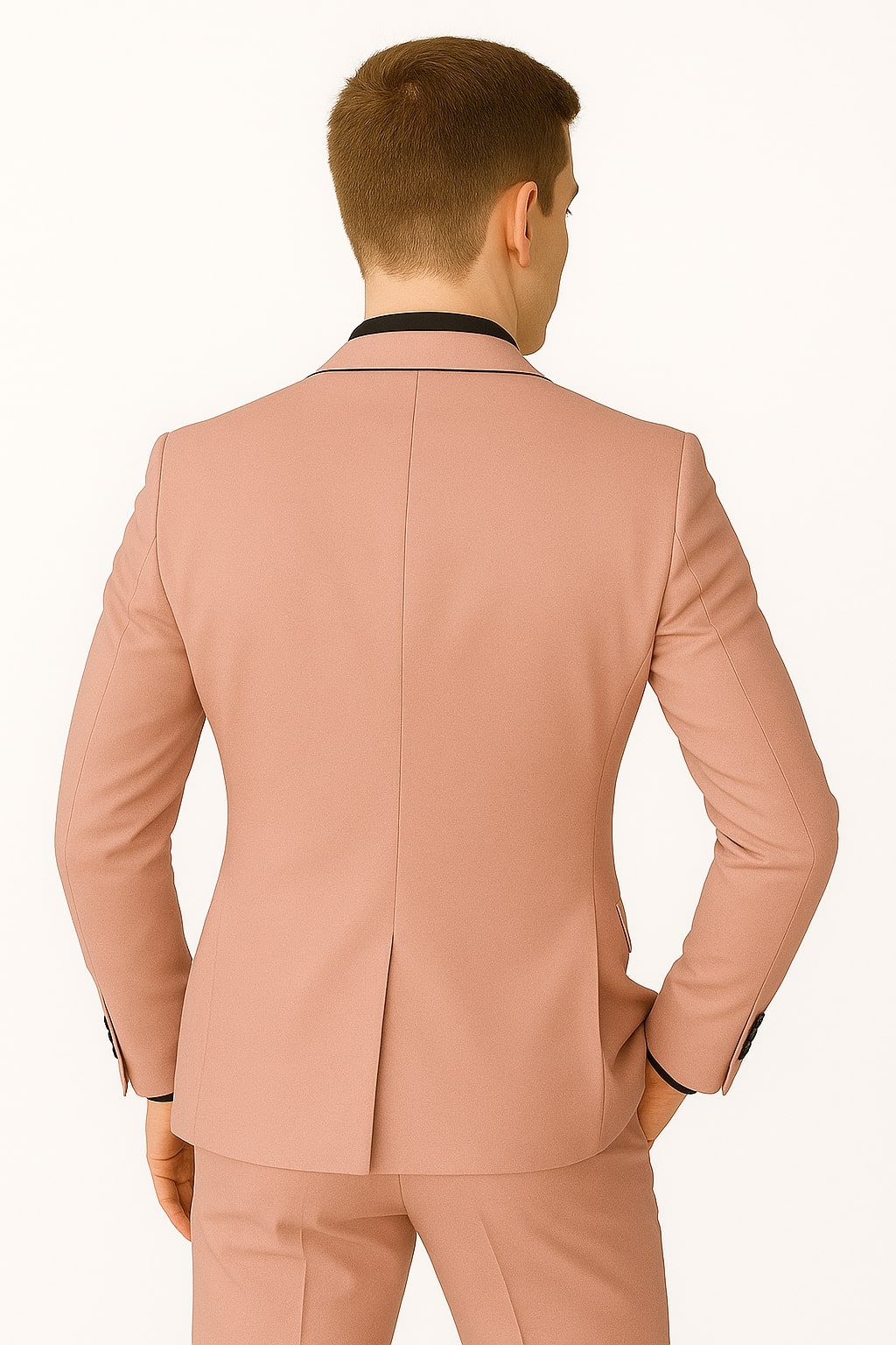 Mens Slim Fit Pink Tuxedo Suit with Black Trim – Modern Wedding and Prom Outfit in Rose Gold Blush Color - 34 Short or Extra Small
