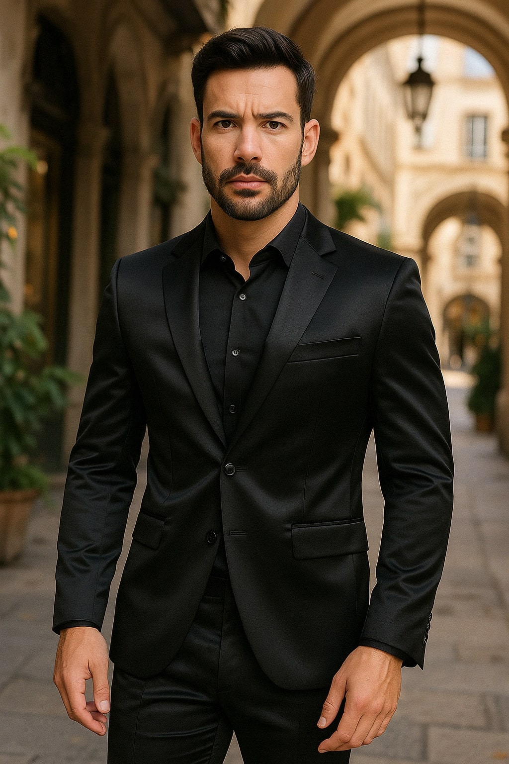 Black Satin Flex Two-Piece Suit – Slim Fit Sport Coat and Matching Pants - 34 Short or Extra Small