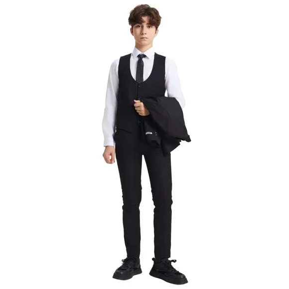 Exclusive Stacy Adams 5pc Boys Suit Solid Slim Fit Black - Boy Size : 4 (Weight 38 to 49)
