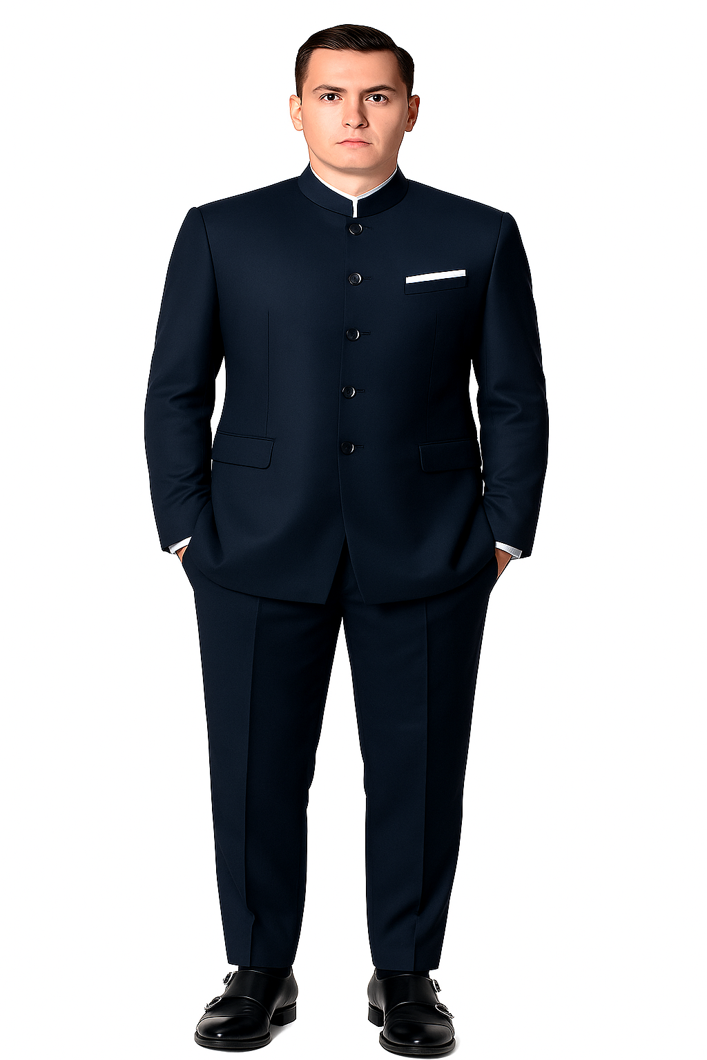 Mandarin Suit - Navy Blue Color Banded Collar Suit - Chines Collar in Color Dark Blue
