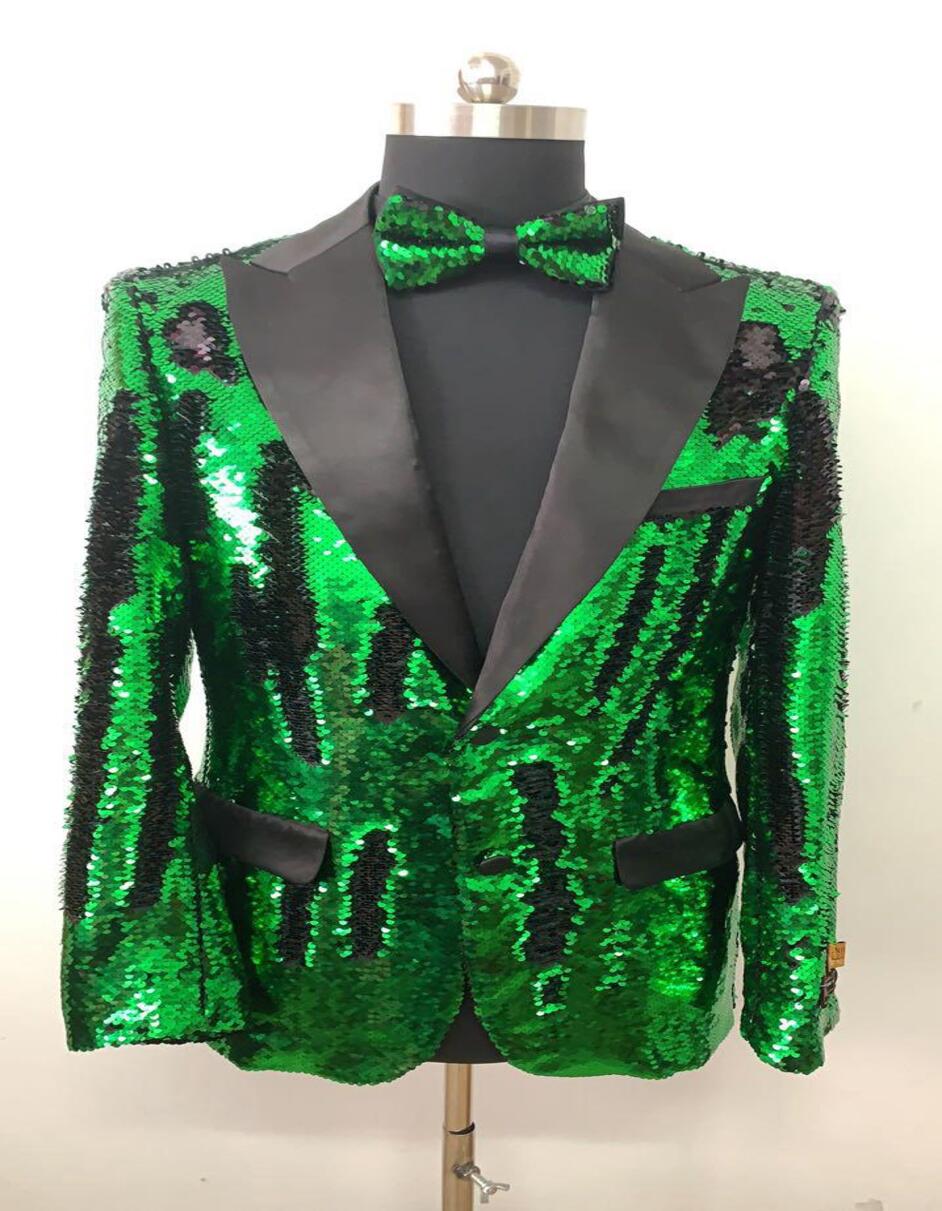 Men's Green Sequin Tuxedo Jacket with Black Satin Lapel and Bow Tie – Sparkling Party and Stage Blazer By Alberto Nardoni - 34 Short or Extra Small