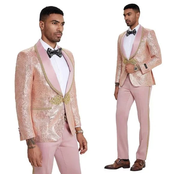 2025 Prom 2025 Special Blush Paisley 2pc Mens Suit by Tazzio - 38 Short Jacket+32 Waist Adjustable 28to34)(Height: 5 4 to5 7 )(Neck 15-16.5)S-M)