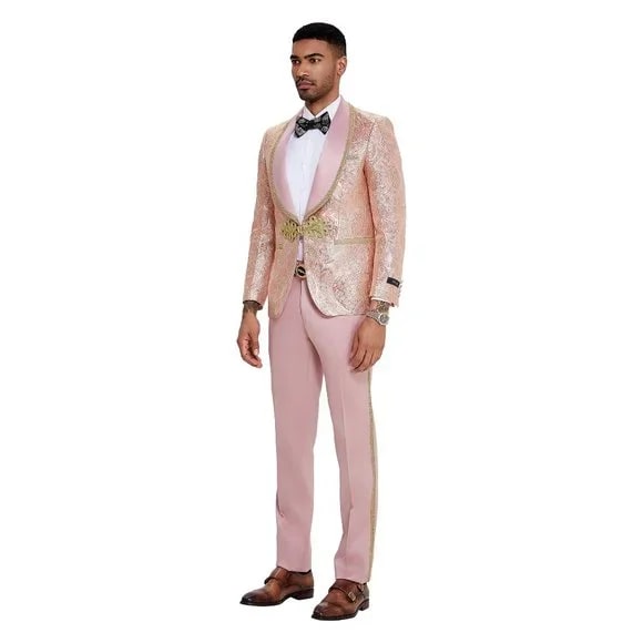 2025 Prom 2025 Special Blush Paisley 2pc Mens Suit by Tazzio - 38 Short Jacket+32 Waist Adjustable 28to34)(Height: 5 4 to5 7 )(Neck 15-16.5)S-M)