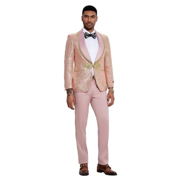 2025 Prom 2025 Special Blush Paisley 2pc Mens Suit by Tazzio - 38 Short Jacket+32 Waist Adjustable 28to34)(Height: 5 4 to5 7 )(Neck 15-16.5)S-M)