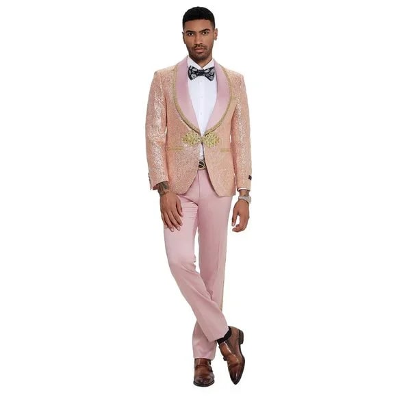 2025 Prom 2025 Special Blush Paisley 2pc Mens Suit by Tazzio - 38 Short Jacket+32 Waist Adjustable 28to34)(Height: 5 4 to5 7 )(Neck 15-16.5)S-M)