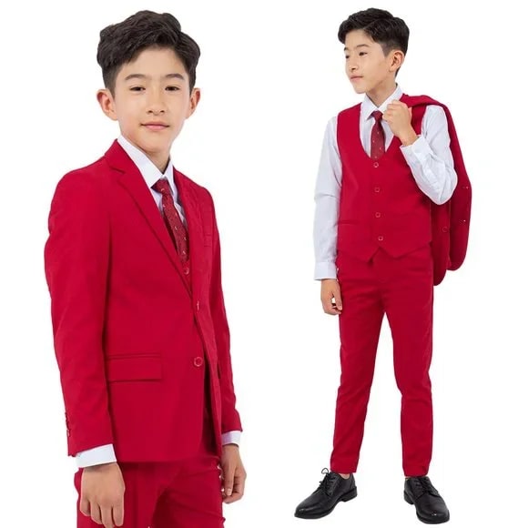 Exclusive Stacy Adams 5pc Boys Suit Slim-Fit, Red - Boy Size : 4 (Weight 38 to 49)