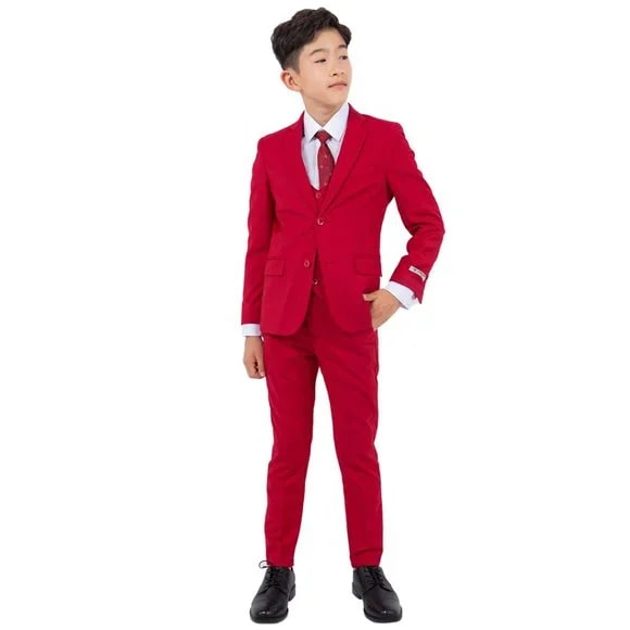 Exclusive Stacy Adams 5pc Boys Suit Slim-Fit, Red - Boy Size : 4 (Weight 38 to 49)