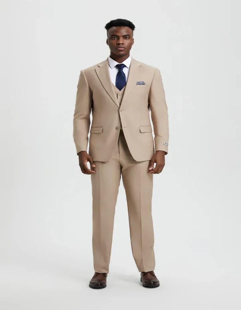 Tan Two Button Vested Tapered Skinny Slim Fit Suit