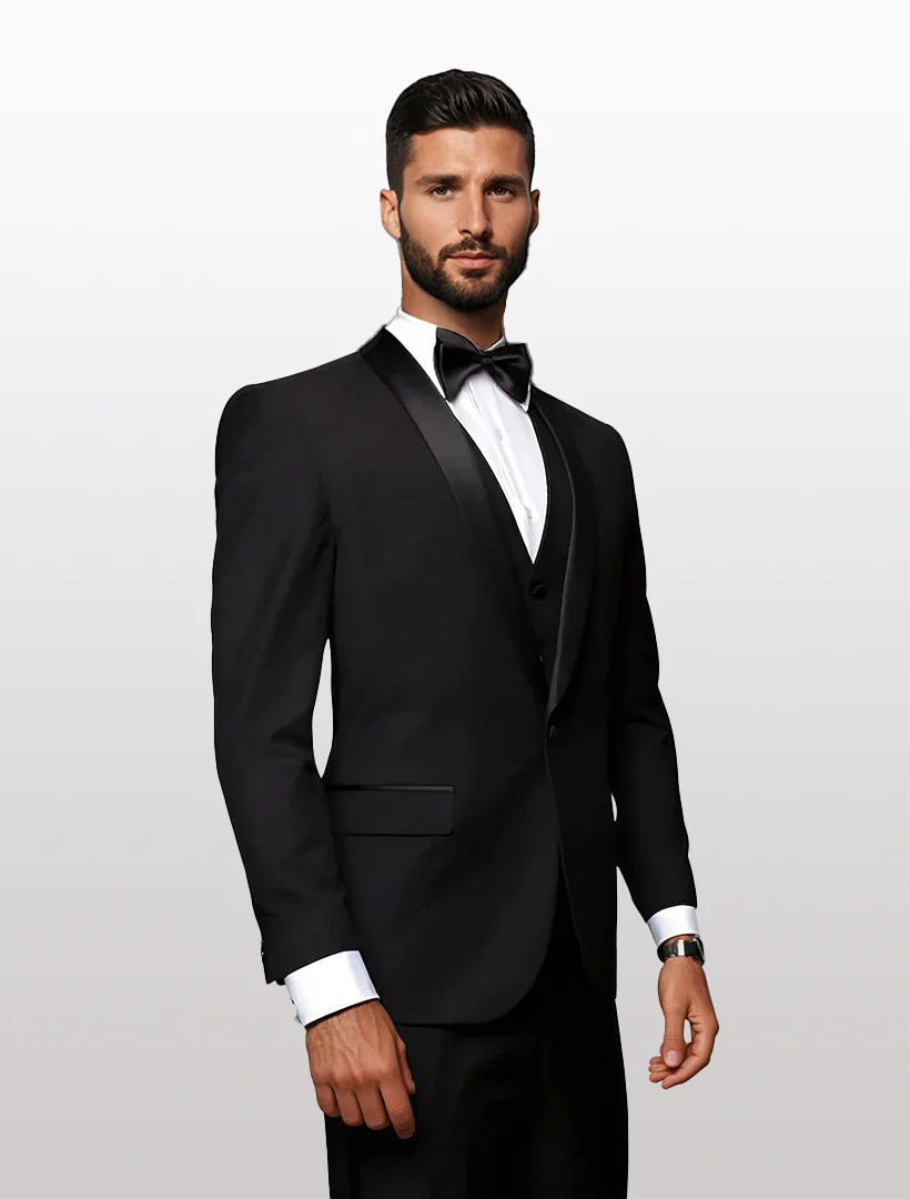 Statement Men's Black with Black Lapel Vested 100% Wool Tuxedos