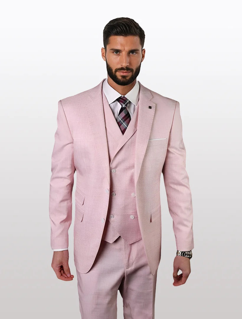 Statement Men's Dusty Pink with Double-Breasted Vest 100% Wool Slim Fit Suits