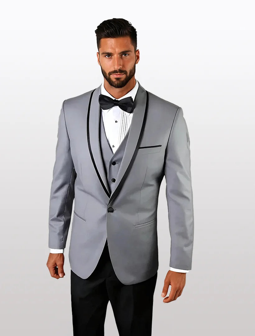 Statement Men's Grey with Black Lapel Vested 100% Wool Tuxedos