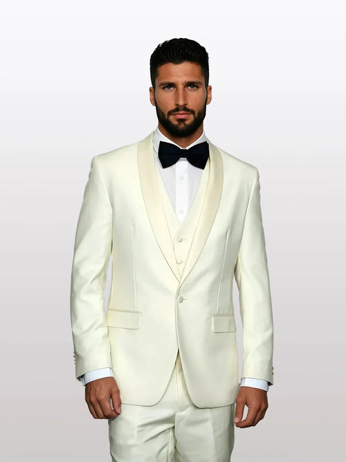 Statement Men’s Off White 100% Wool Vested Tuxedo with White Lapel, Wedding Prom Formal Suit Set
