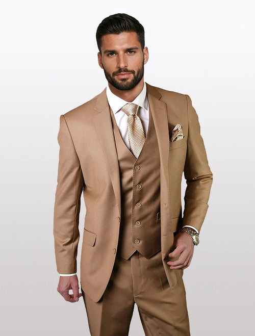Statement Men’s Solid Caramel 100% Wool Vested Suit, Formal Wedding Business 3 Piece Suit Set