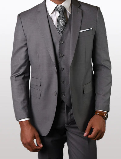 Statement Men's Solid Grey Tailored Fit 100% Wool Vested Suits