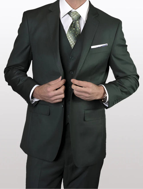 Statement Men's Solid Hunter Green 100% Wool Vested Suits (Tailored Fit)