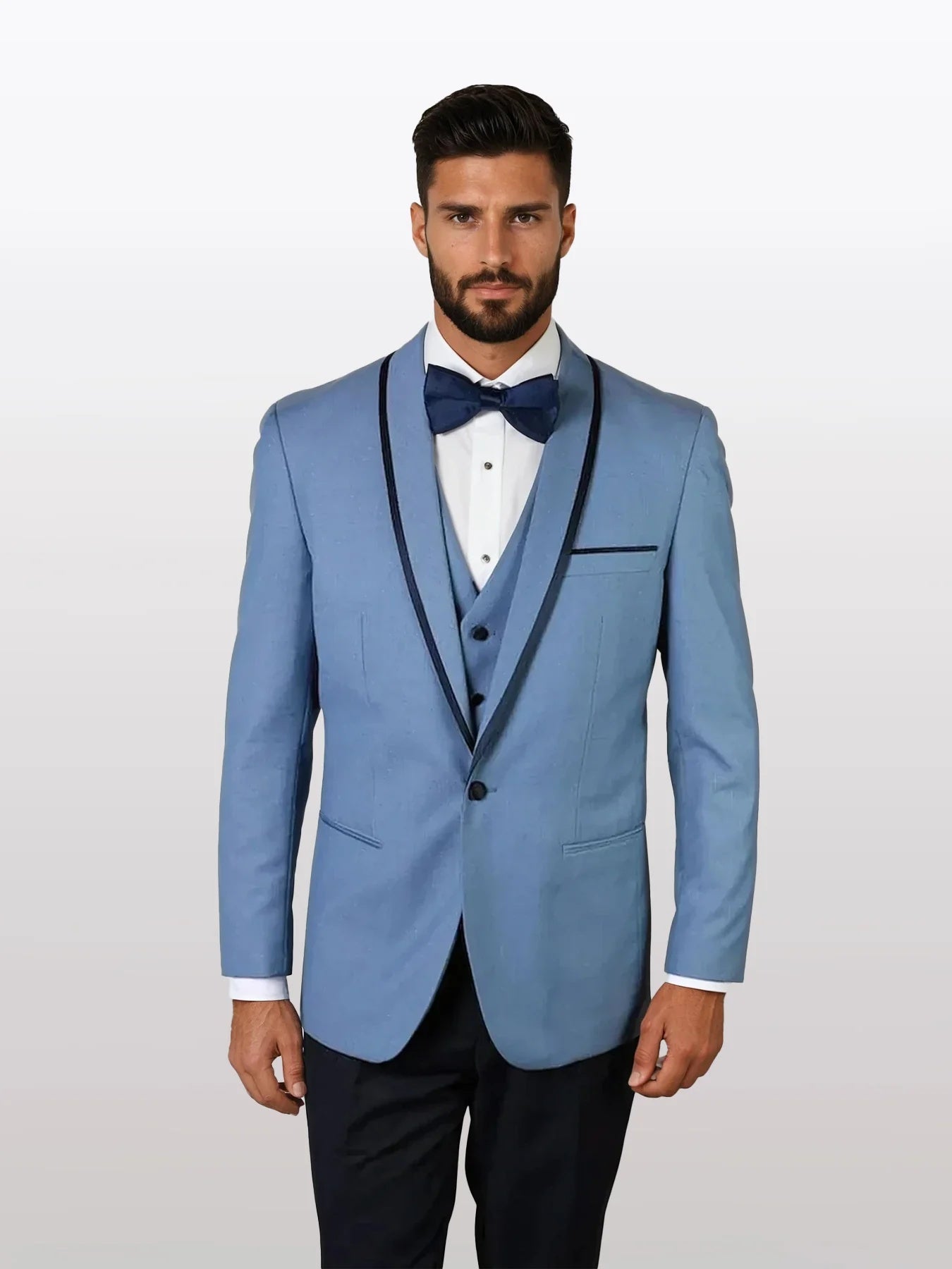 Statement Men's Steel Blue Vested with Black Trim Fine Lapel 100% Wool Tuxedos