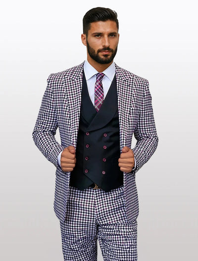 Statement Men's White and Burgundy Houndstooth 100% Wool Vested Suits