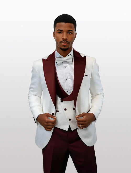 Statement Men's White with Burgundy Peak Lapels Vested Tuxedos with Bow Tie