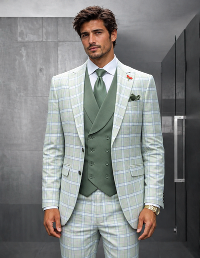 Statement Men's Wool Windowpane Suit Peak Lapel Tailored Fit Mint Diego