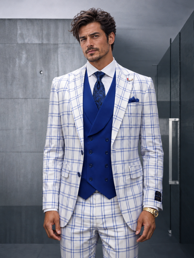 Statement Mens Modern Fit 3 Piece 100% Super Wool Windowpane Suit – Double Breasted Vest, Peak Lapel
