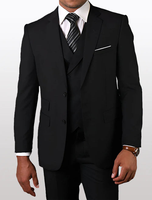 Statement Mens Black Modern Fit 100% Wool Vested Suits