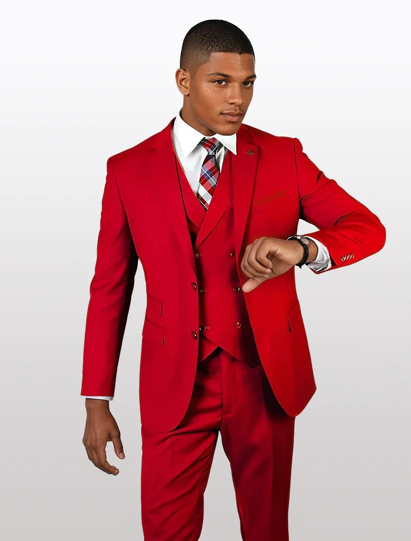 Statement Mens Red Modern Fit 100% Wool Vested Suit