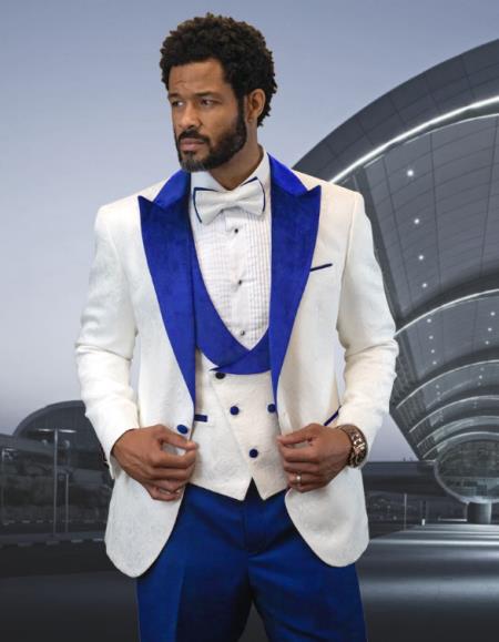 Statement Peak lapel Suits White ~ Royal suit - 38 Short Jacket+32 Waist Adjustable 28to34)(Height: 5 4 to5 7 )(Neck  15-16.5)S-M)