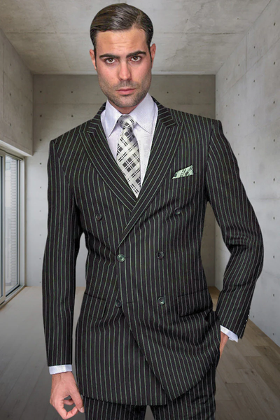 Mens Hunter Green Suit - Mens Designer Double Breasted Wool Suit in Bold Hunter Green Gangster Pinstripe
