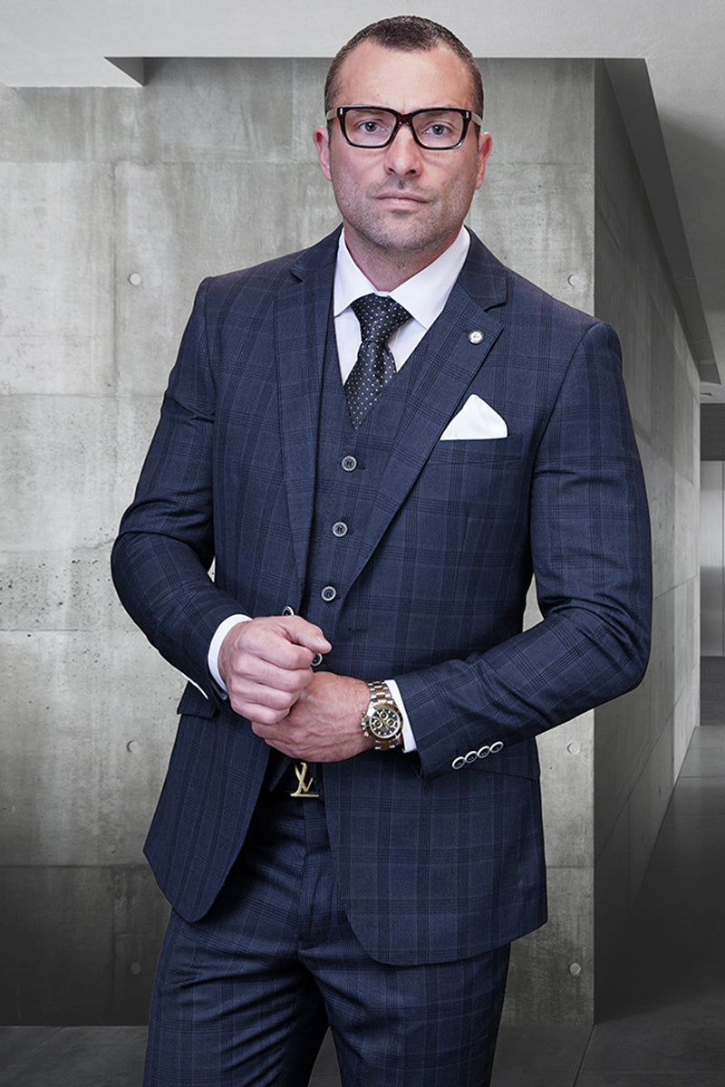 Men's Designer Modern Fit Vested Wool Suit in Charcoal Grey Glen Plaid