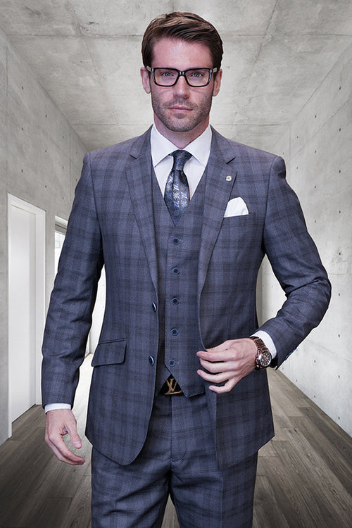Men's Designer Modern Fit Vested Wool Suit in Grey Glen Plaid