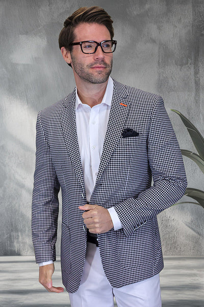 Men's Modern Fit Patch Pocket Designer Wool Summer Blazer in Black Windowpane