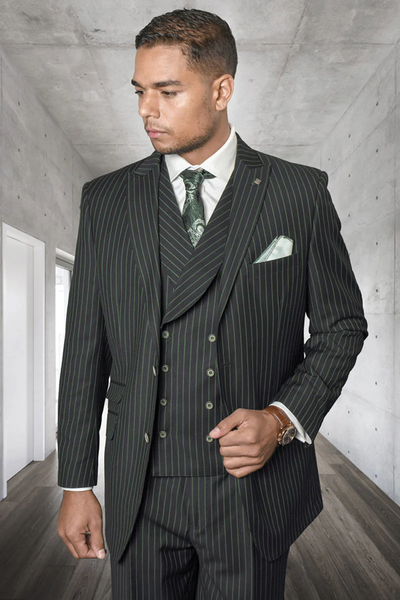Mens Hunter Green Suit - Mens Designer Wool Pleated Pant Vested Suit in Bold Hunter Green Gangster Pinstripe