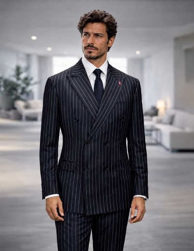 Statement Mens Modern Fit 2 Piece 100% Super 200s Wool Pinstripe Suit – Double Breasted Peak Lapel