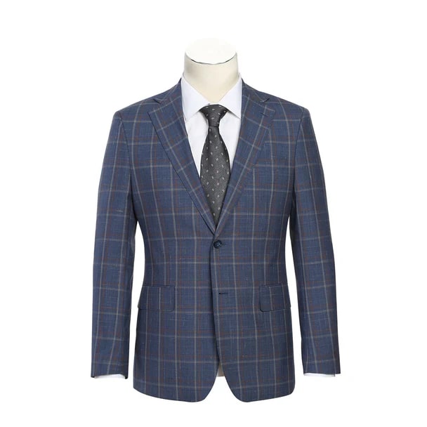 Designer Brand - Wool Stretch with Linen Single Breasted Steel Blue and Orange Plaid Suit - Coat Size 38
